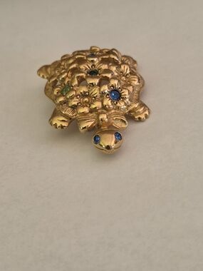 SALE Vintage Avon Gold-Tone Turtle Brooch with Blue and Green Stones